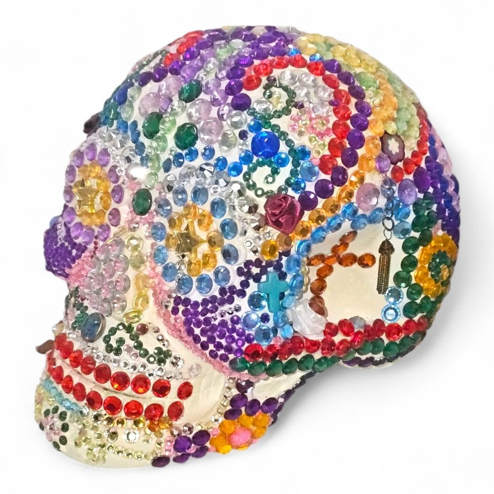 Day Of The Dead Rainbow‎ Rhinestones 3D Fullsize Bling Ceramic Skull Handcrafted